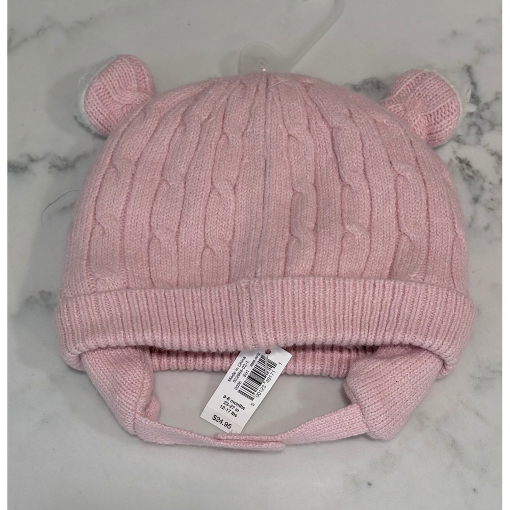 Gap Baby Pink Cable Knit Bear Ear Beanie Sherpa Lined Hat 3-6 Months 522664-02-1